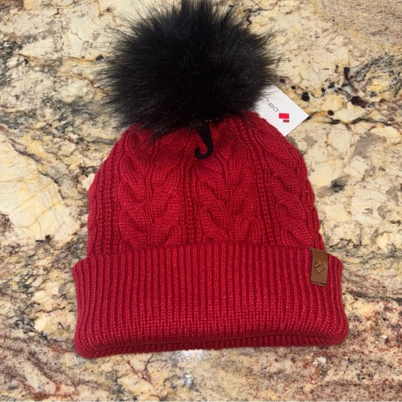 Obermeyer Red Cable Knit Beanie with Black Pom-Pom - Picture 1 of 6
